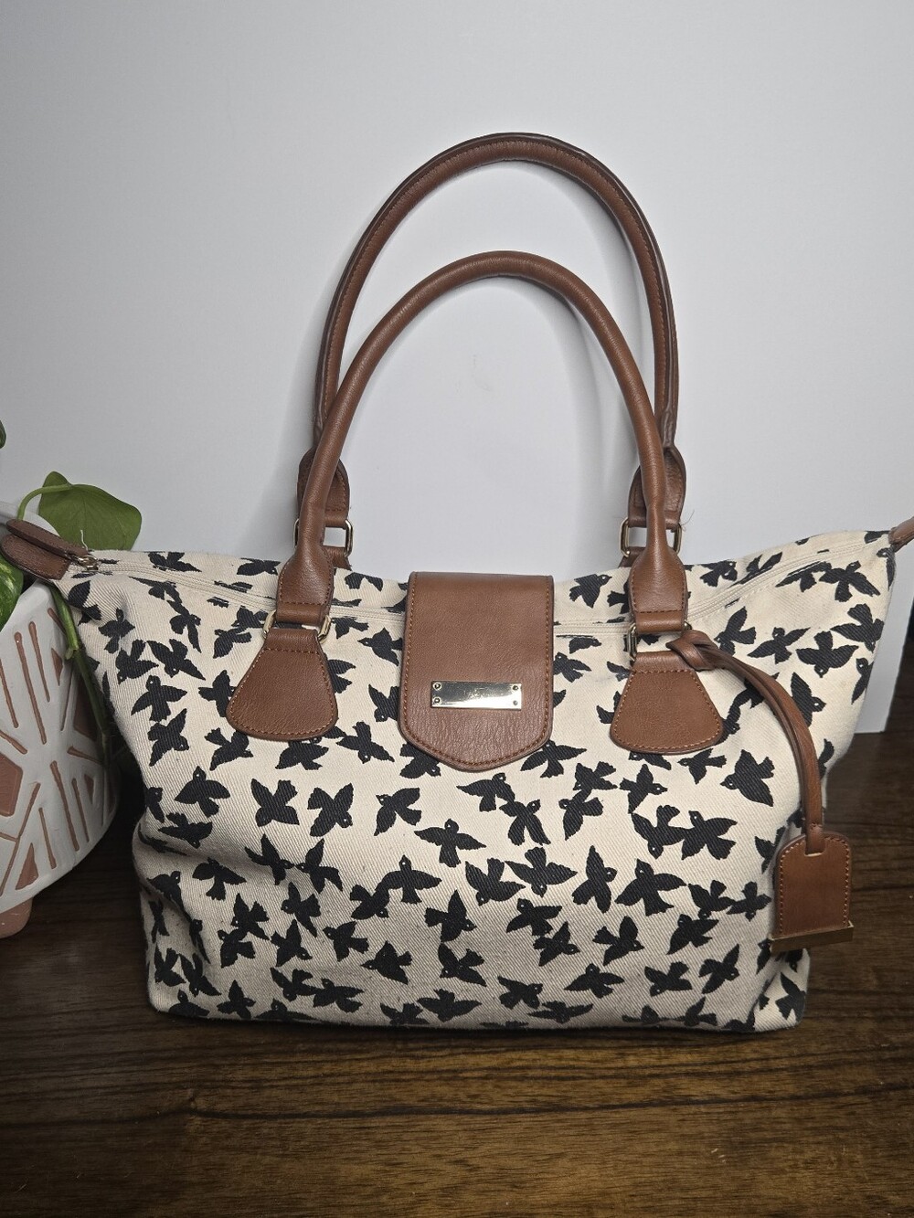 Call It Spring Canvas Butterfly Print Tote with Brown Leather Trim